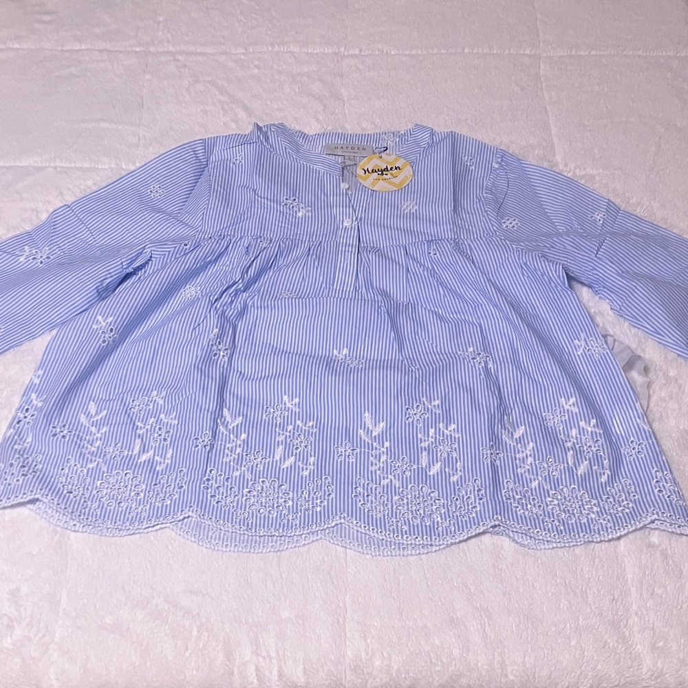 Striped Blue and White Blouse with Embroidery